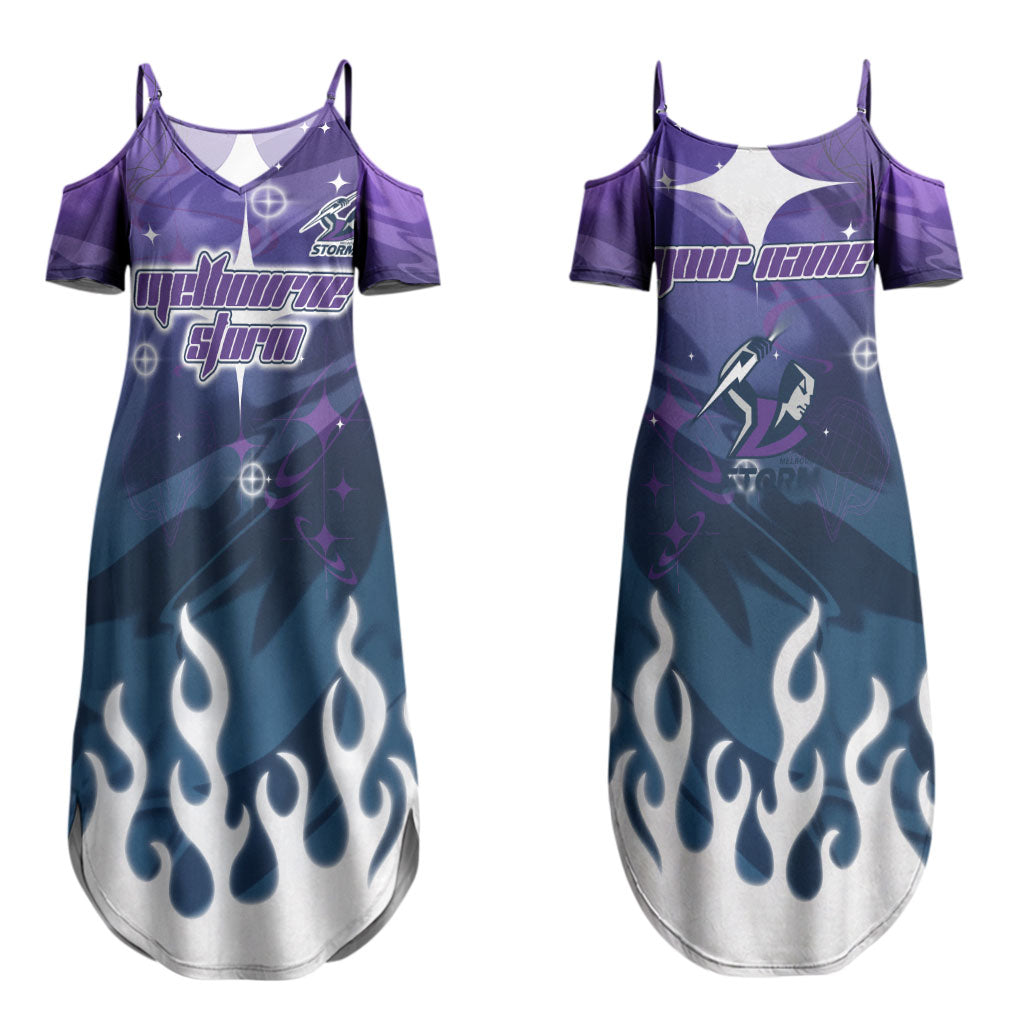 Personalized Melbourne Storm Couples Matching Summer Maxi Dress and Long Sleeve Button Shirt Y2K Grunge Aesthetic With Cyber Flames and Starburst Graphics