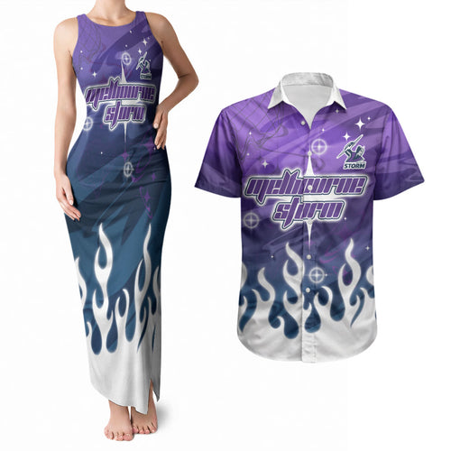 Personalized Melbourne Storm Couples Matching Tank Maxi Dress and Hawaiian Shirt Y2K Grunge Aesthetic With Cyber Flames and Starburst Graphics