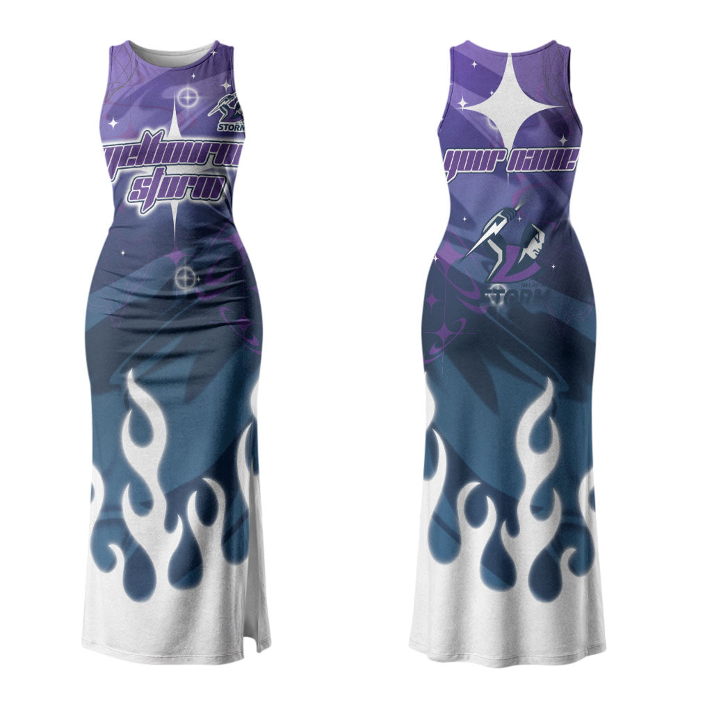 Personalized Melbourne Storm Couples Matching Tank Maxi Dress and Hawaiian Shirt Y2K Grunge Aesthetic With Cyber Flames and Starburst Graphics