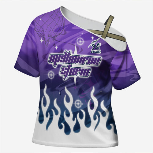 Personalized Melbourne Storm Cross Shoulder Shirt Y2K Grunge Aesthetic With Cyber Flames and Starburst Graphics