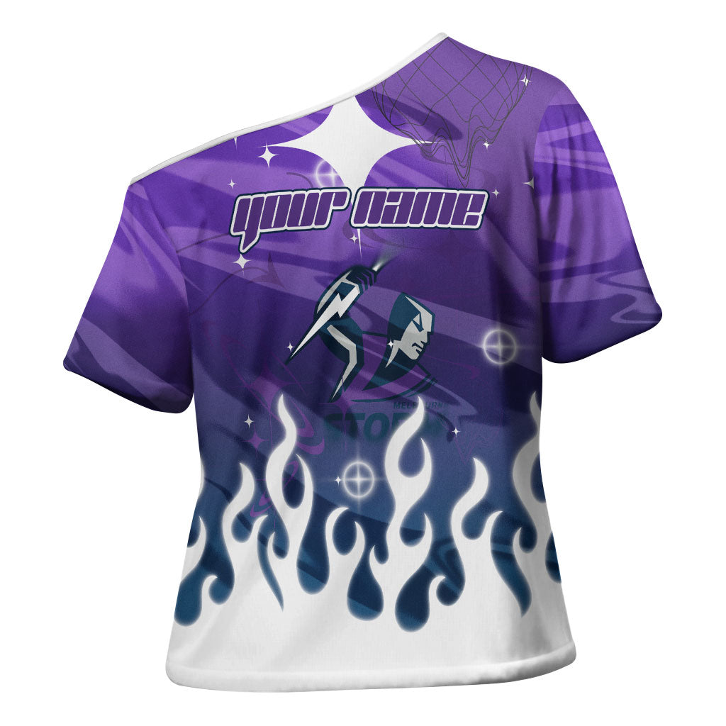 Personalized Melbourne Storm Cross Shoulder Shirt Y2K Grunge Aesthetic With Cyber Flames and Starburst Graphics