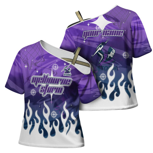 Personalized Melbourne Storm Cross Shoulder Shirt Y2K Grunge Aesthetic With Cyber Flames and Starburst Graphics