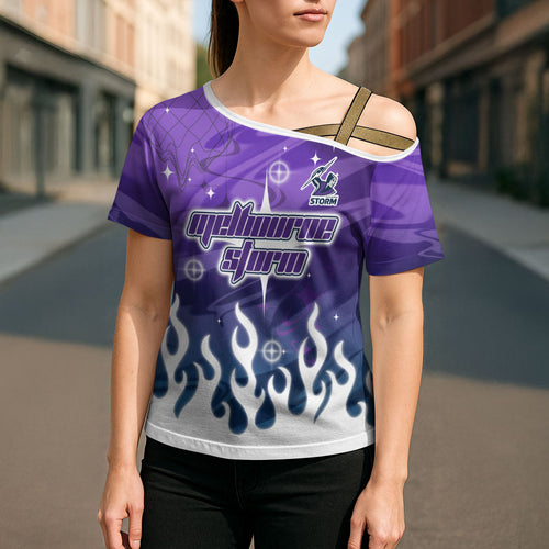 Personalized Melbourne Storm Cross Shoulder Shirt Y2K Grunge Aesthetic With Cyber Flames and Starburst Graphics