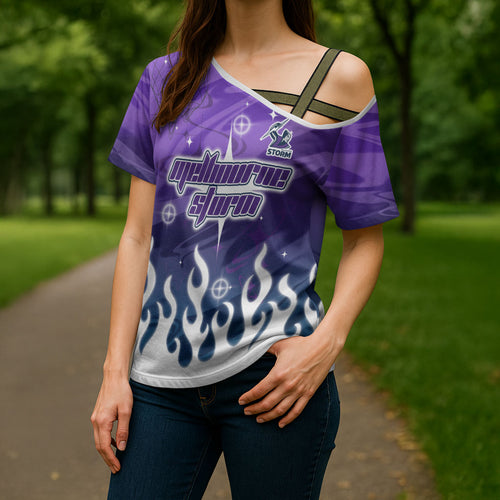 Personalized Melbourne Storm Cross Shoulder Shirt Y2K Grunge Aesthetic With Cyber Flames and Starburst Graphics