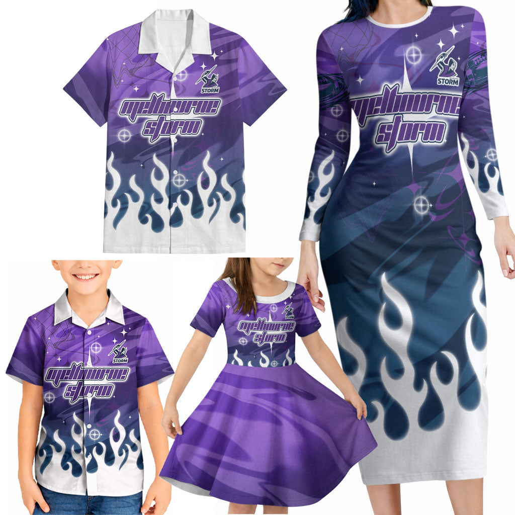 Personalized Melbourne Storm Family Matching Long Sleeve Bodycon Dress and Hawaiian Shirt Y2K Grunge Aesthetic With Cyber Flames and Starburst Graphics