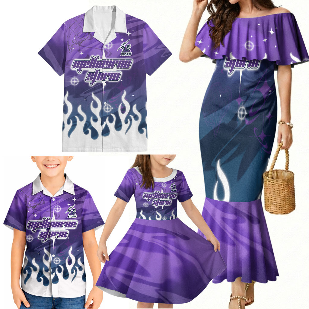 Personalized Melbourne Storm Family Matching Mermaid Dress and Hawaiian Shirt Y2K Grunge Aesthetic With Cyber Flames and Starburst Graphics