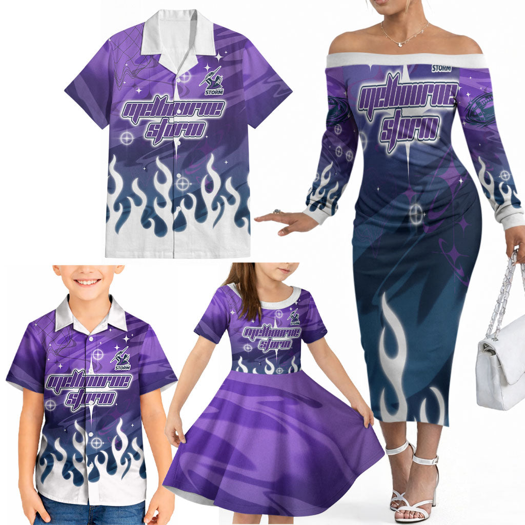 Personalized Melbourne Storm Family Matching Off The Shoulder Long Sleeve Dress and Hawaiian Shirt Y2K Grunge Aesthetic With Cyber Flames and Starburst Graphics