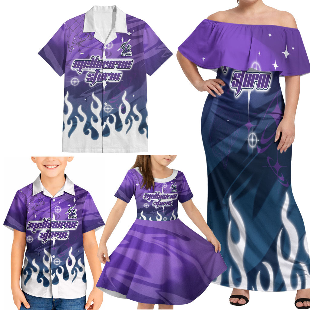 Personalized Melbourne Storm Family Matching Off Shoulder Maxi Dress and Hawaiian Shirt Y2K Grunge Aesthetic With Cyber Flames and Starburst Graphics