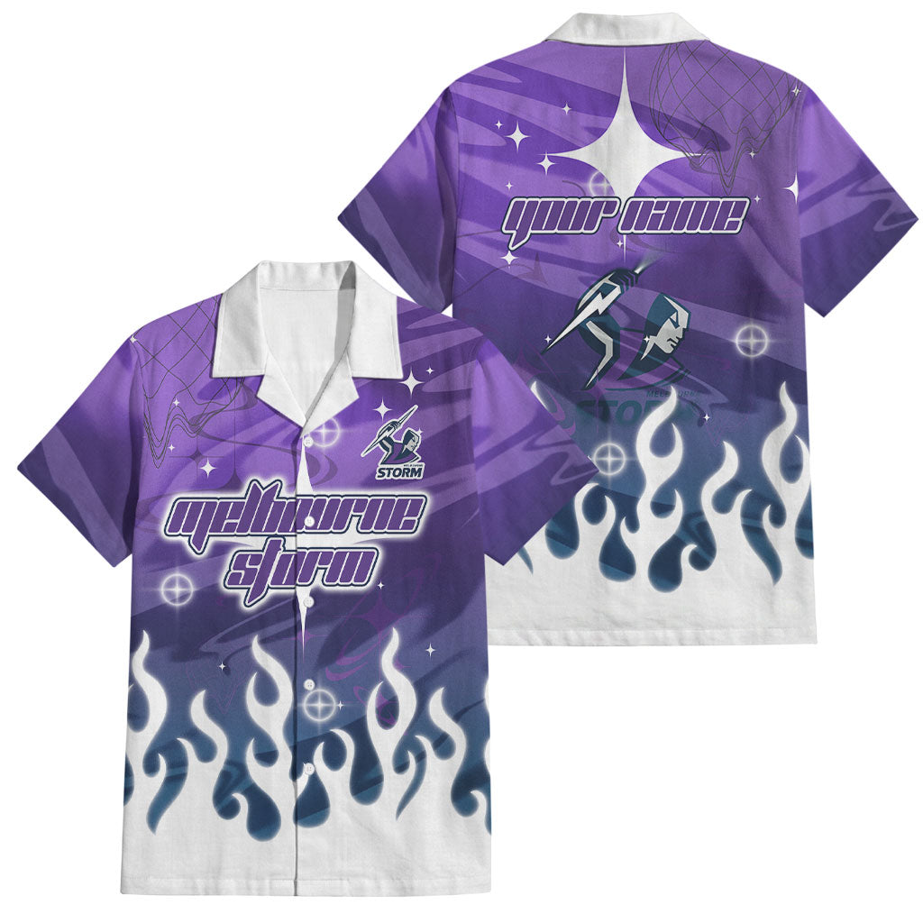 Personalized Melbourne Storm Family Matching Off Shoulder Maxi Dress and Hawaiian Shirt Y2K Grunge Aesthetic With Cyber Flames and Starburst Graphics
