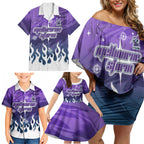 Personalized Melbourne Storm Family Matching Off Shoulder Short Dress and Hawaiian Shirt Y2K Grunge Aesthetic With Cyber Flames and Starburst Graphics