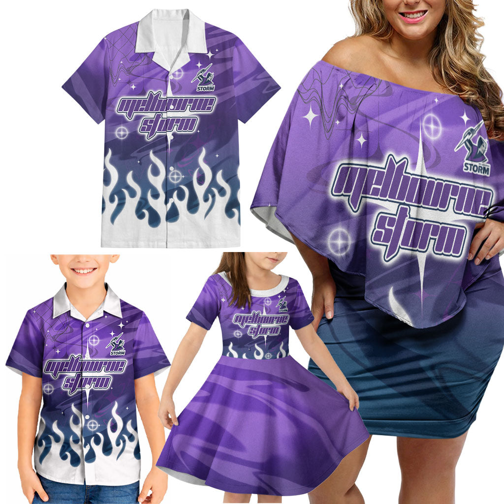 Personalized Melbourne Storm Family Matching Off Shoulder Short Dress and Hawaiian Shirt Y2K Grunge Aesthetic With Cyber Flames and Starburst Graphics