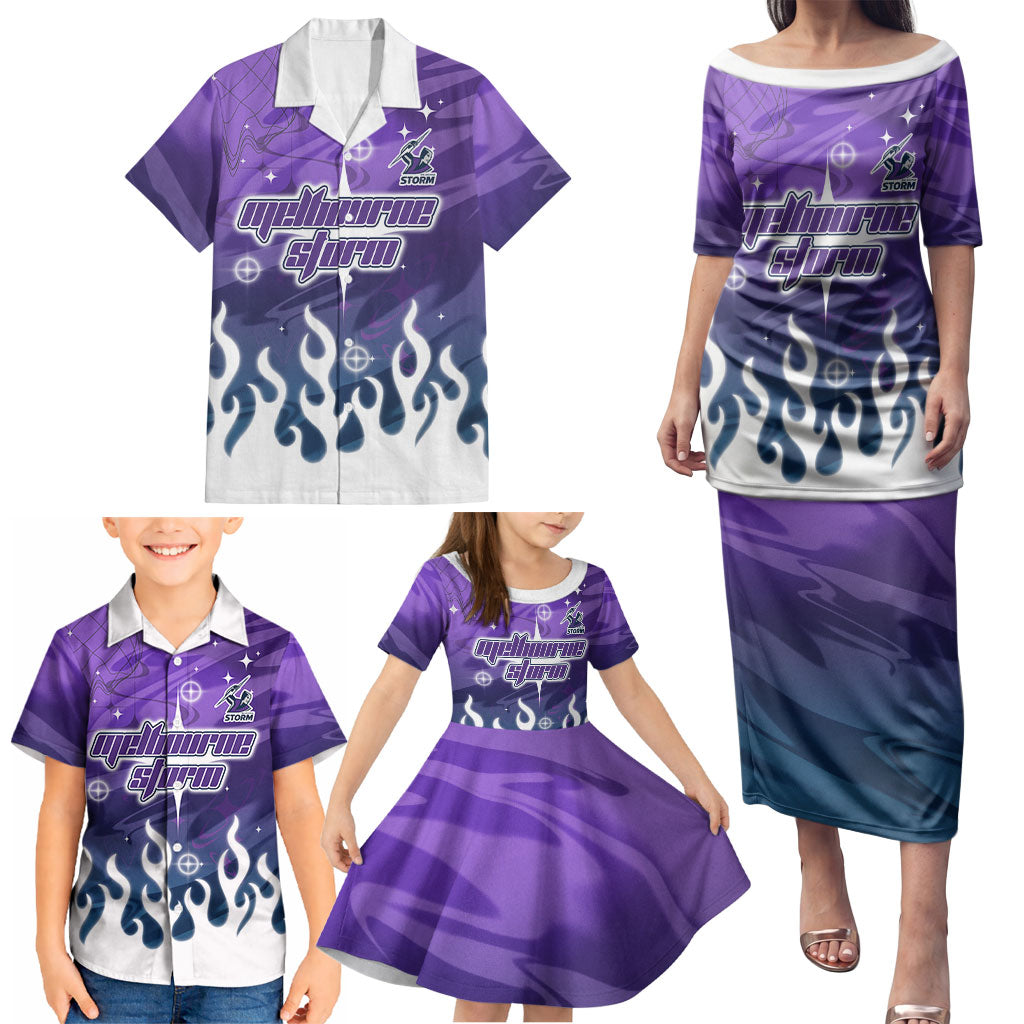 Personalized Melbourne Storm Family Matching Puletasi and Hawaiian Shirt Y2K Grunge Aesthetic With Cyber Flames and Starburst Graphics