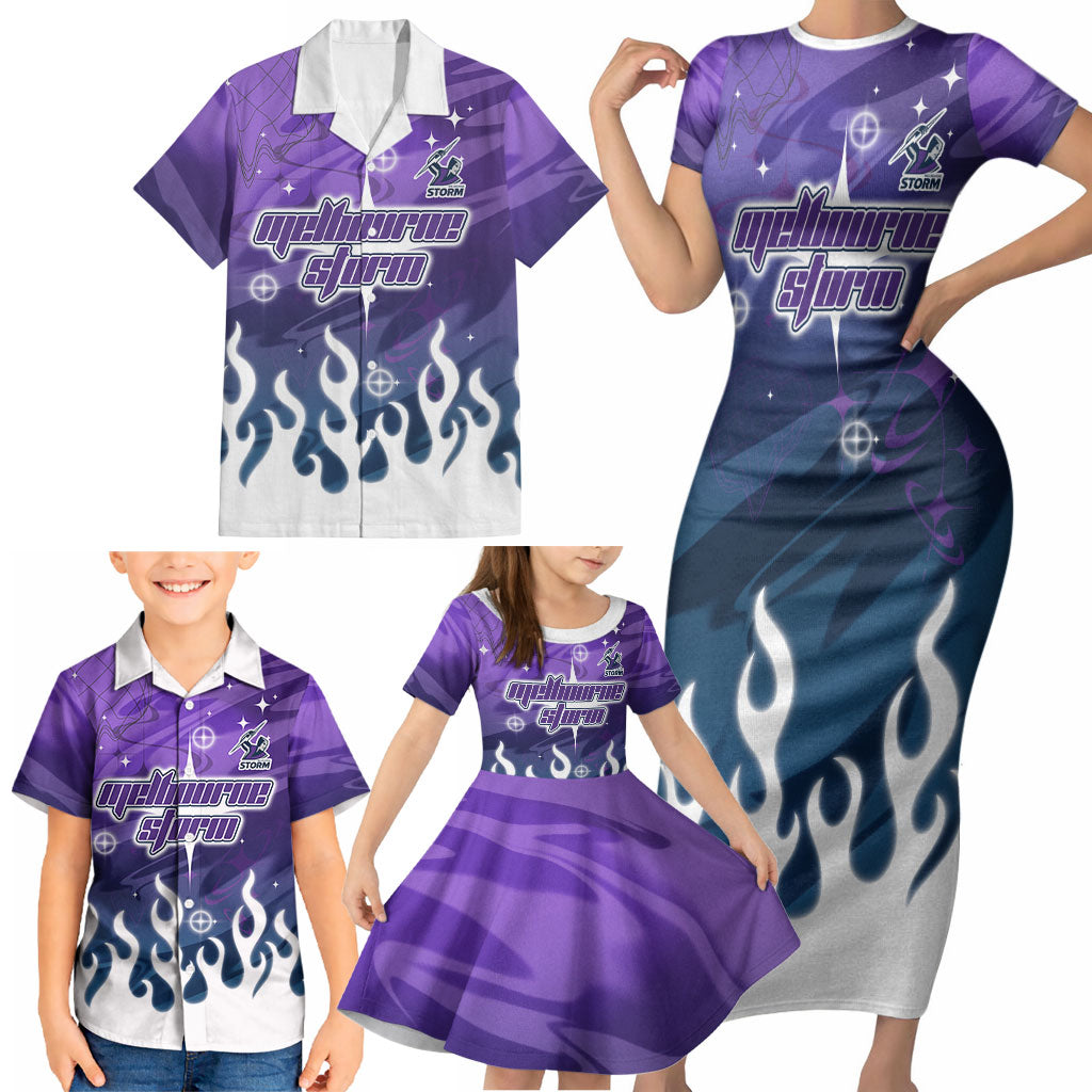 Personalized Melbourne Storm Family Matching Short Sleeve Bodycon Dress and Hawaiian Shirt Y2K Grunge Aesthetic With Cyber Flames and Starburst Graphics