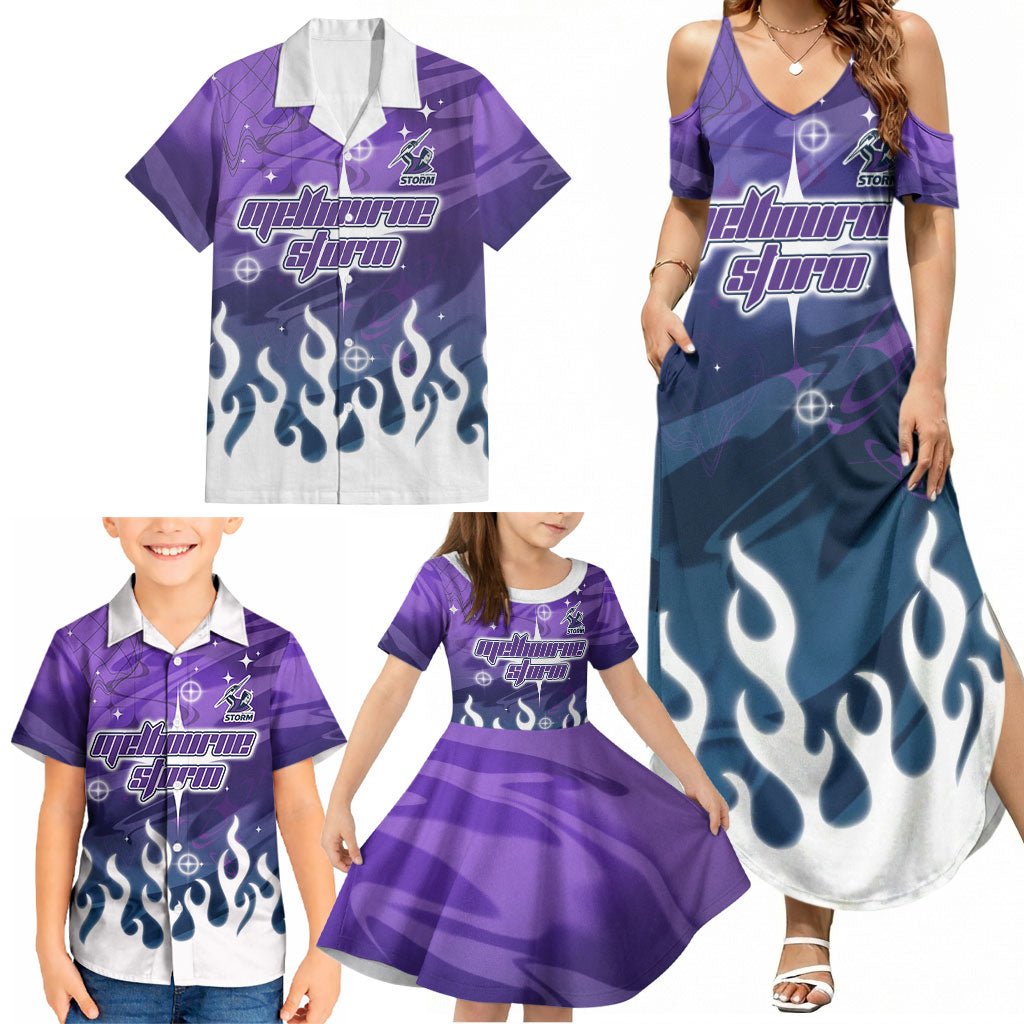 Personalized Melbourne Storm Family Matching Summer Maxi Dress and Hawaiian Shirt Y2K Grunge Aesthetic With Cyber Flames and Starburst Graphics