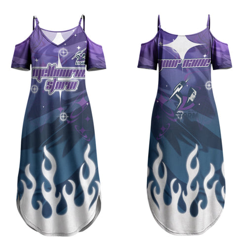 Personalized Melbourne Storm Family Matching Summer Maxi Dress and Hawaiian Shirt Y2K Grunge Aesthetic With Cyber Flames and Starburst Graphics