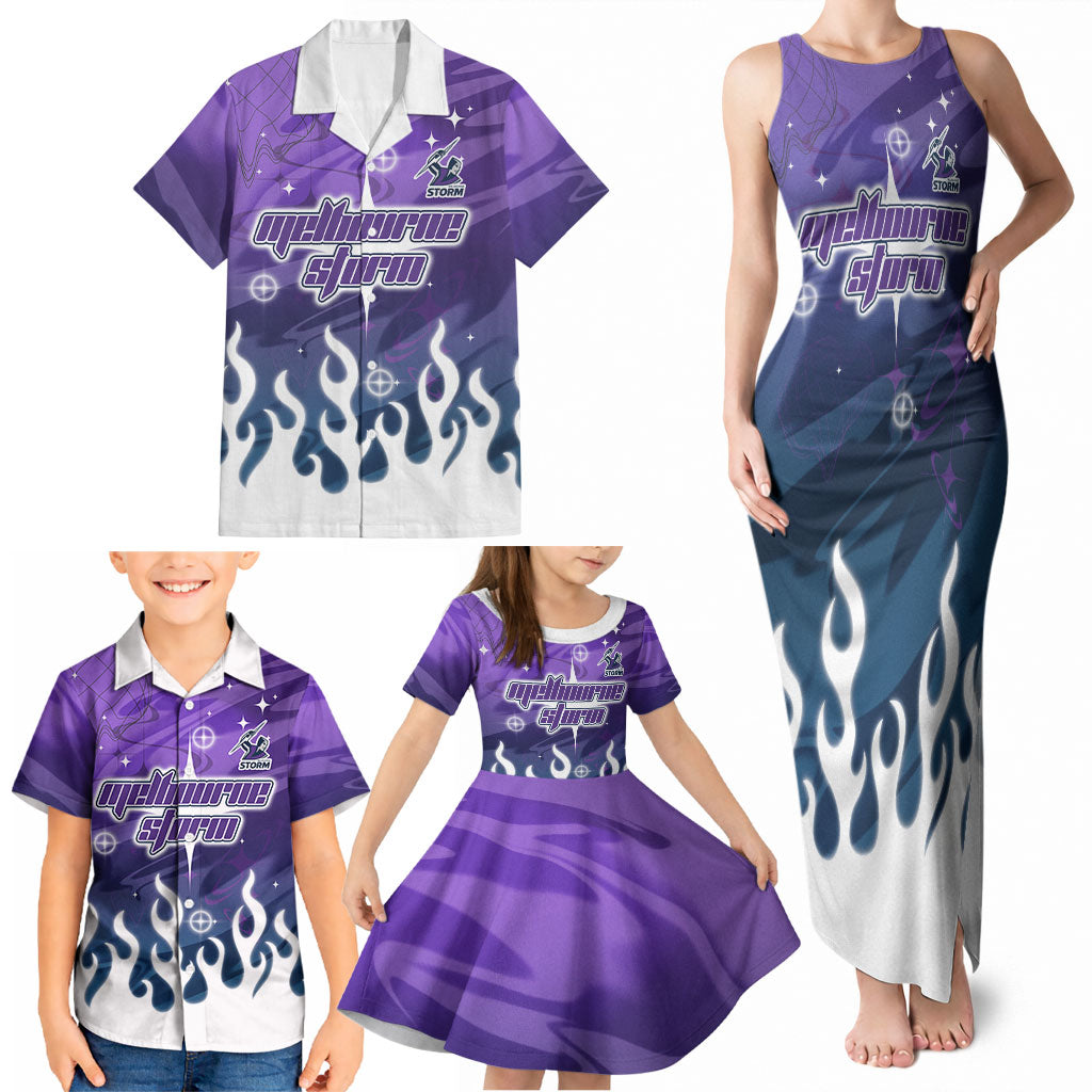 Personalized Melbourne Storm Family Matching Tank Maxi Dress and Hawaiian Shirt Y2K Grunge Aesthetic With Cyber Flames and Starburst Graphics