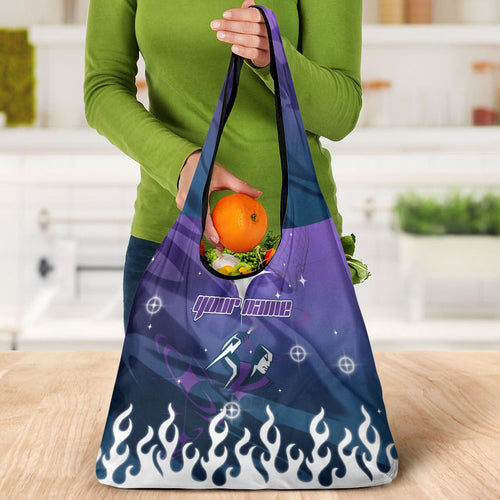 Personalized Melbourne Storm Grocery Bag Y2K Grunge Aesthetic With Cyber Flames and Starburst Graphics