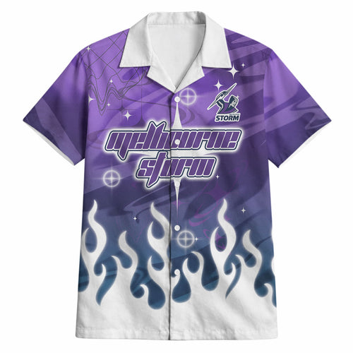 Personalized Melbourne Storm Hawaiian Shirt Y2K Grunge Aesthetic With Cyber Flames and Starburst Graphics
