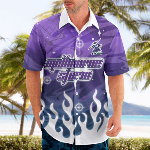 Personalized Melbourne Storm Hawaiian Shirt Y2K Grunge Aesthetic With Cyber Flames and Starburst Graphics