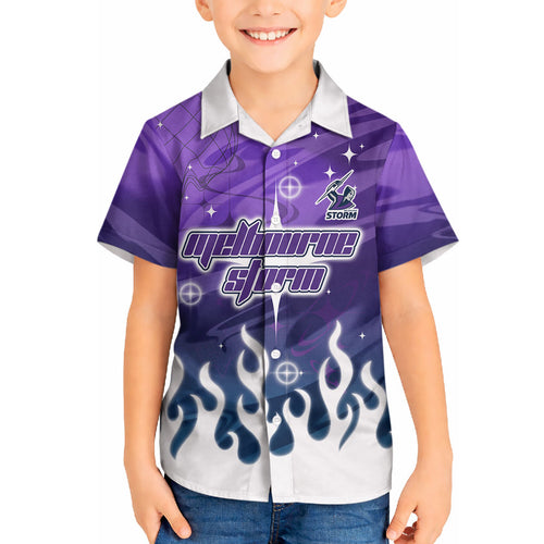 Personalized Melbourne Storm Hawaiian Shirt Y2K Grunge Aesthetic With Cyber Flames and Starburst Graphics