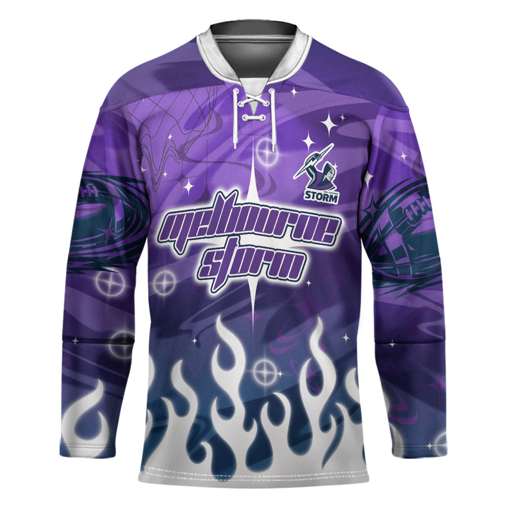 Personalized Melbourne Storm Hockey Jersey Y2K Grunge Aesthetic With Cyber Flames and Starburst Graphics