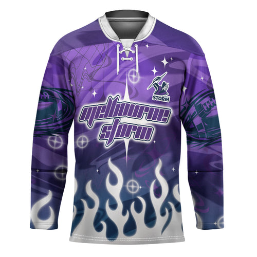 Personalized Melbourne Storm Hockey Jersey Y2K Grunge Aesthetic With Cyber Flames and Starburst Graphics