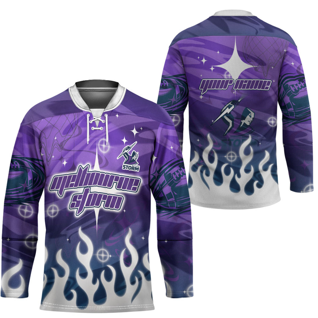 Personalized Melbourne Storm Hockey Jersey Y2K Grunge Aesthetic With Cyber Flames and Starburst Graphics