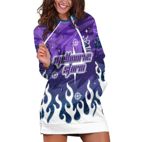 Personalized Melbourne Storm Hoodie Dress Y2K Grunge Aesthetic With Cyber Flames and Starburst Graphics