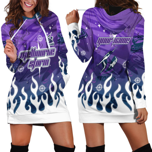 Personalized Melbourne Storm Hoodie Dress Y2K Grunge Aesthetic With Cyber Flames and Starburst Graphics
