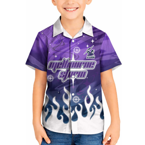Personalized Melbourne Storm Kid Hawaiian Shirt Y2K Grunge Aesthetic With Cyber Flames and Starburst Graphics