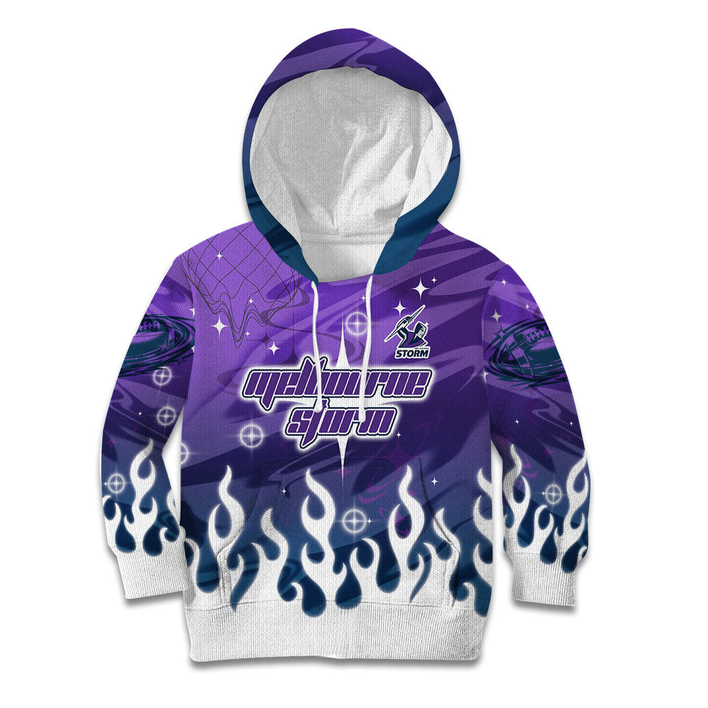 Personalized Melbourne Storm Kid Hoodie Y2K Grunge Aesthetic With Cyber Flames and Starburst Graphics