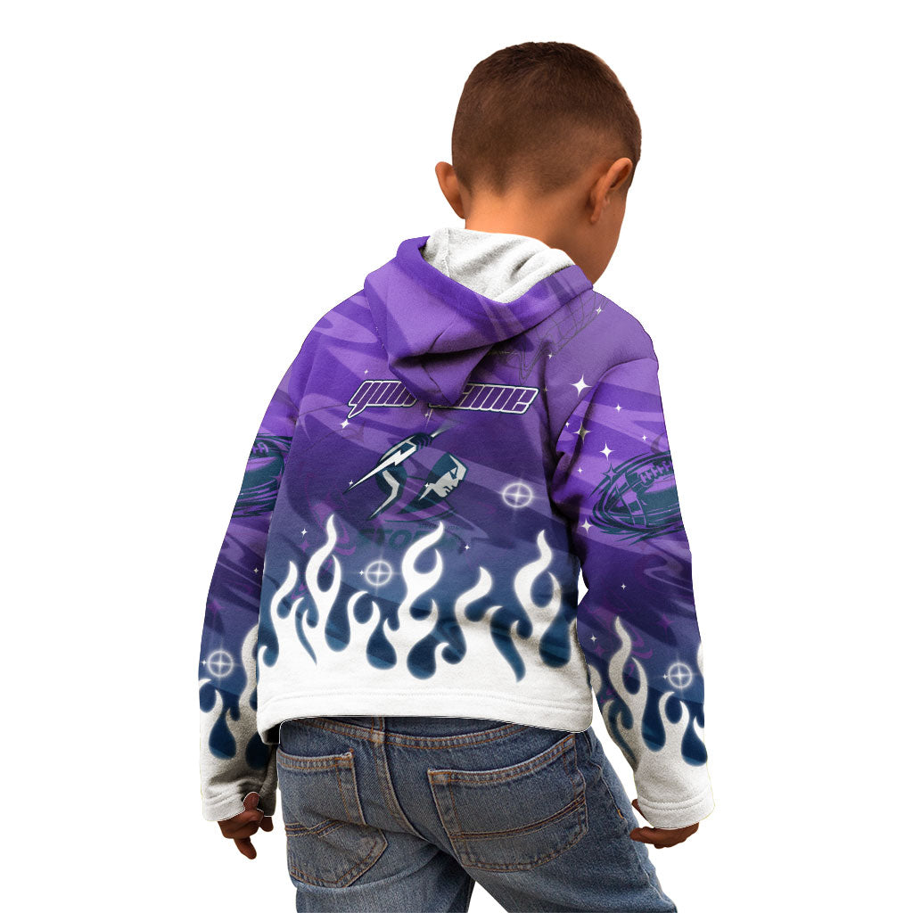 Personalized Melbourne Storm Kid Hoodie Y2K Grunge Aesthetic With Cyber Flames and Starburst Graphics