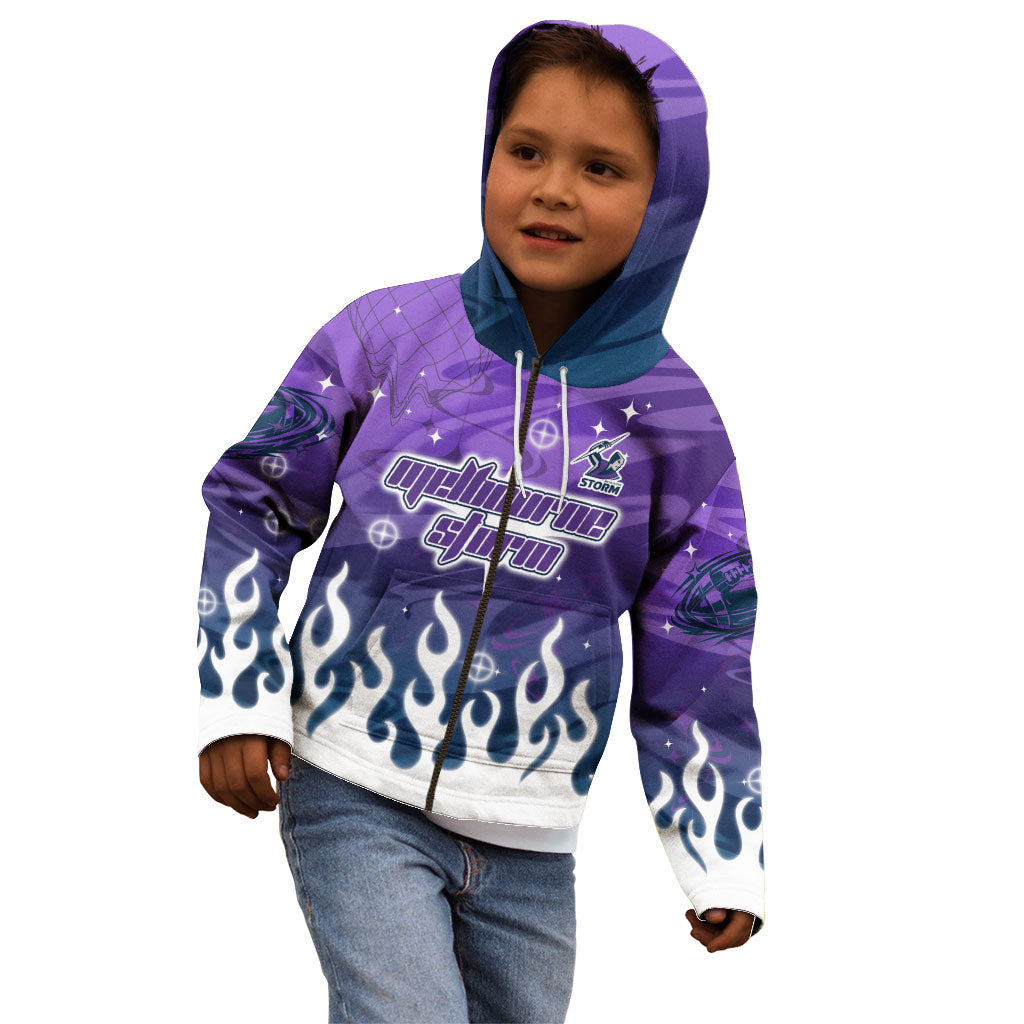 Personalized Melbourne Storm Kid Hoodie Y2K Grunge Aesthetic With Cyber Flames and Starburst Graphics