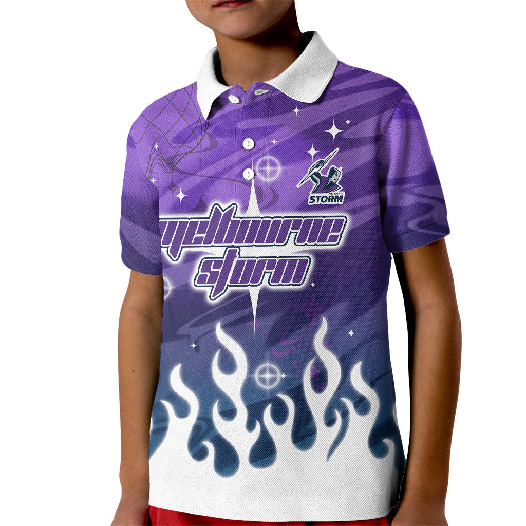 Personalized Melbourne Storm Kid Polo Shirt Y2K Grunge Aesthetic With Cyber Flames and Starburst Graphics