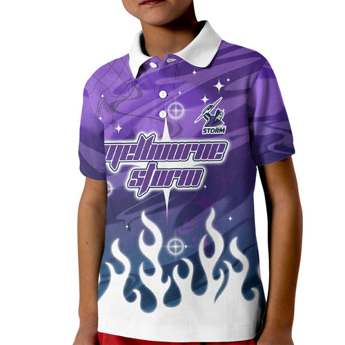 Personalized Melbourne Storm Kid Polo Shirt Y2K Grunge Aesthetic With Cyber Flames and Starburst Graphics