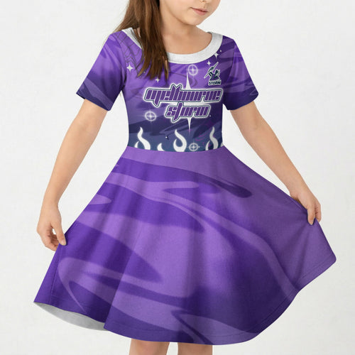 Personalized Melbourne Storm Kid Short Sleeve Dress Y2K Grunge Aesthetic With Cyber Flames and Starburst Graphics