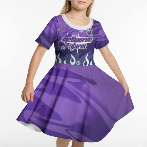 Personalized Melbourne Storm Kid Short Sleeve Dress Y2K Grunge Aesthetic With Cyber Flames and Starburst Graphics