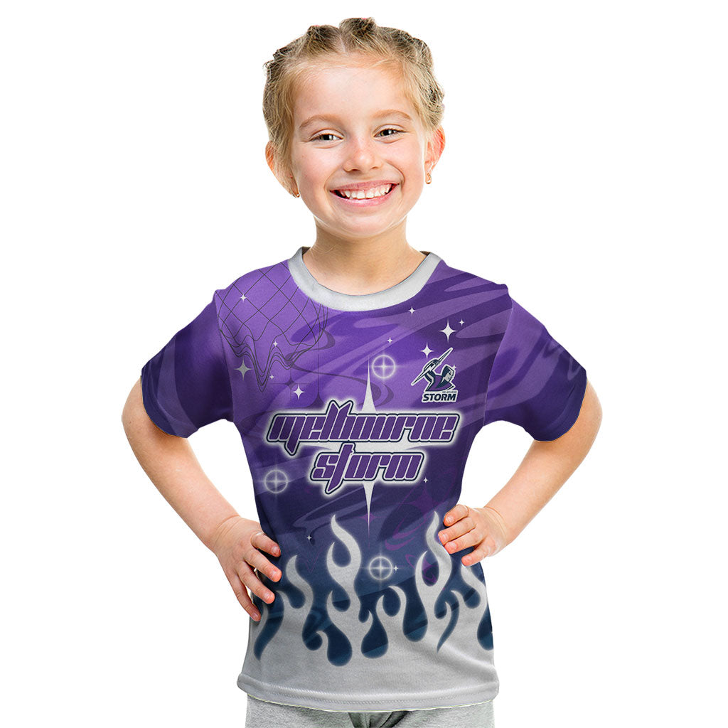 Personalized Melbourne Storm Kid T Shirt Y2K Grunge Aesthetic With Cyber Flames and Starburst Graphics