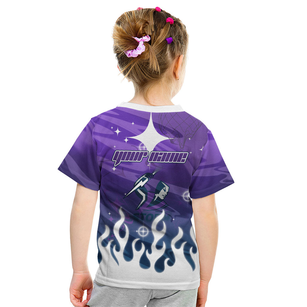 Personalized Melbourne Storm Kid T Shirt Y2K Grunge Aesthetic With Cyber Flames and Starburst Graphics