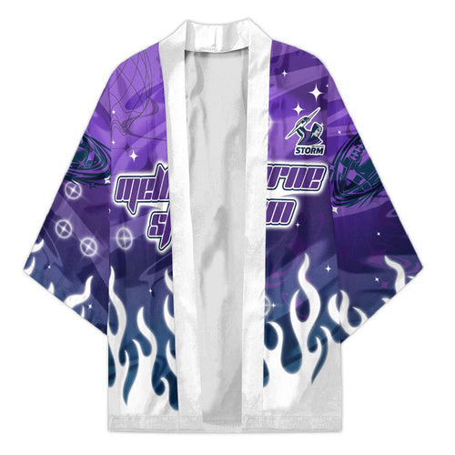 Personalized Melbourne Storm Kimono Y2K Grunge Aesthetic With Cyber Flames and Starburst Graphics