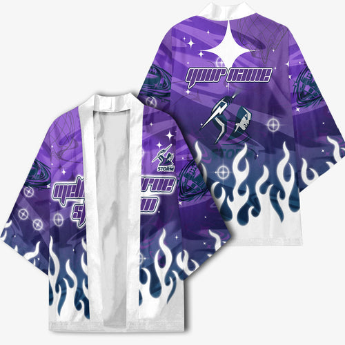 Personalized Melbourne Storm Kimono Y2K Grunge Aesthetic With Cyber Flames and Starburst Graphics