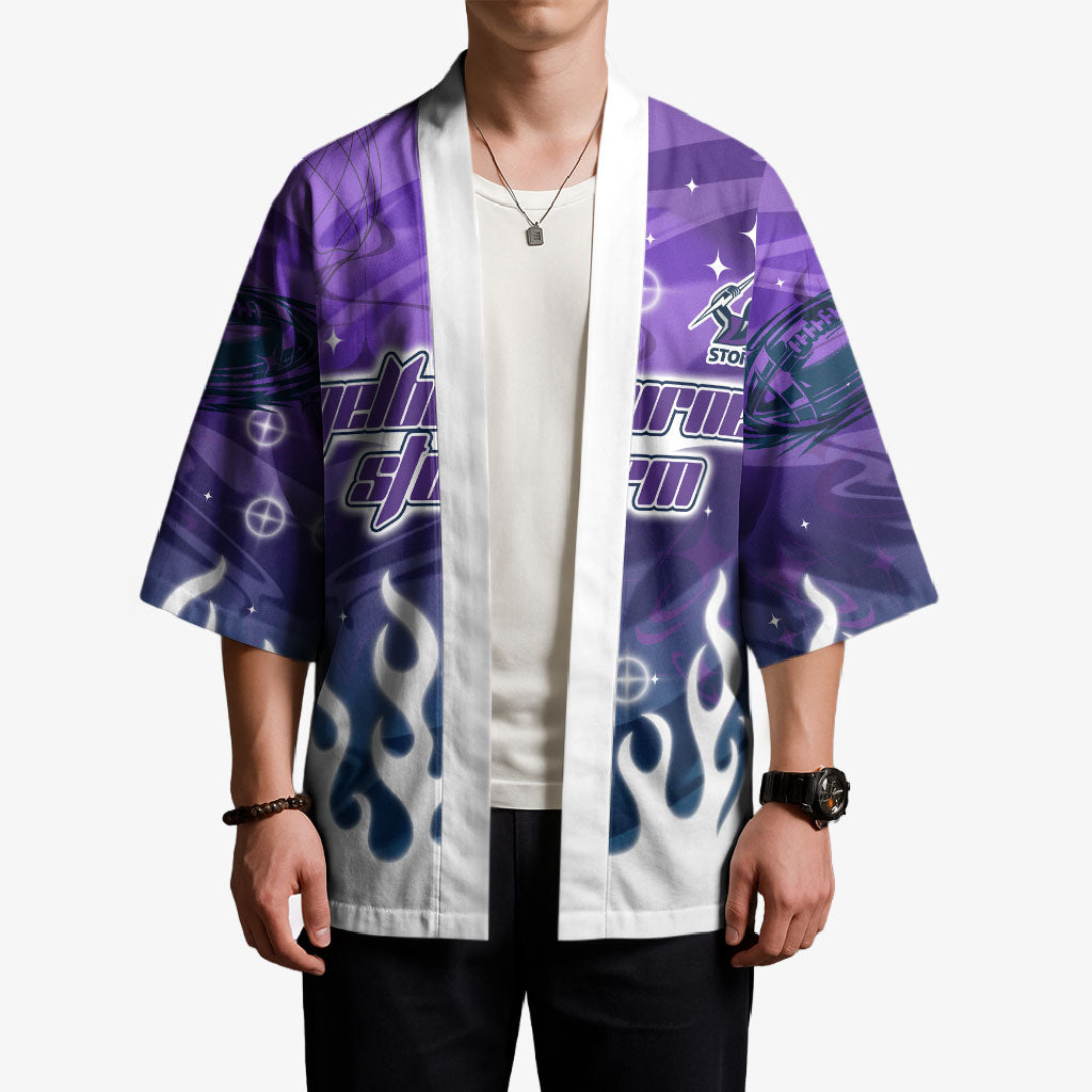 Personalized Melbourne Storm Kimono Y2K Grunge Aesthetic With Cyber Flames and Starburst Graphics