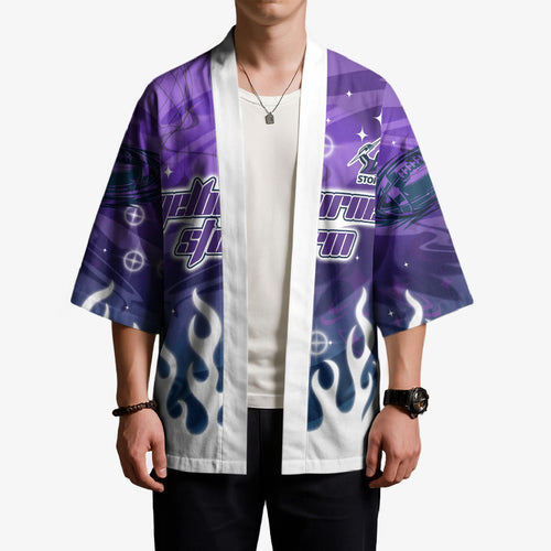 Personalized Melbourne Storm Kimono Y2K Grunge Aesthetic With Cyber Flames and Starburst Graphics