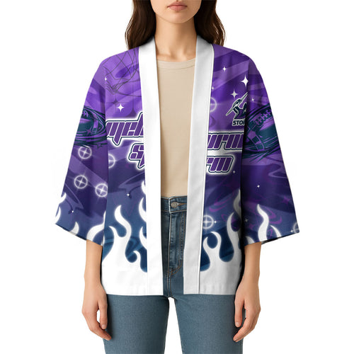 Personalized Melbourne Storm Kimono Y2K Grunge Aesthetic With Cyber Flames and Starburst Graphics