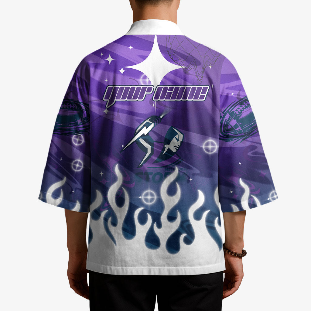 Personalized Melbourne Storm Kimono Y2K Grunge Aesthetic With Cyber Flames and Starburst Graphics
