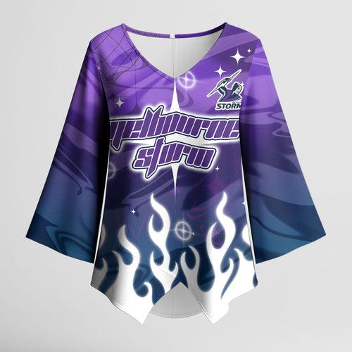 Personalized Melbourne Storm Kimono Sleeve Blouse Y2K Grunge Aesthetic With Cyber Flames and Starburst Graphics