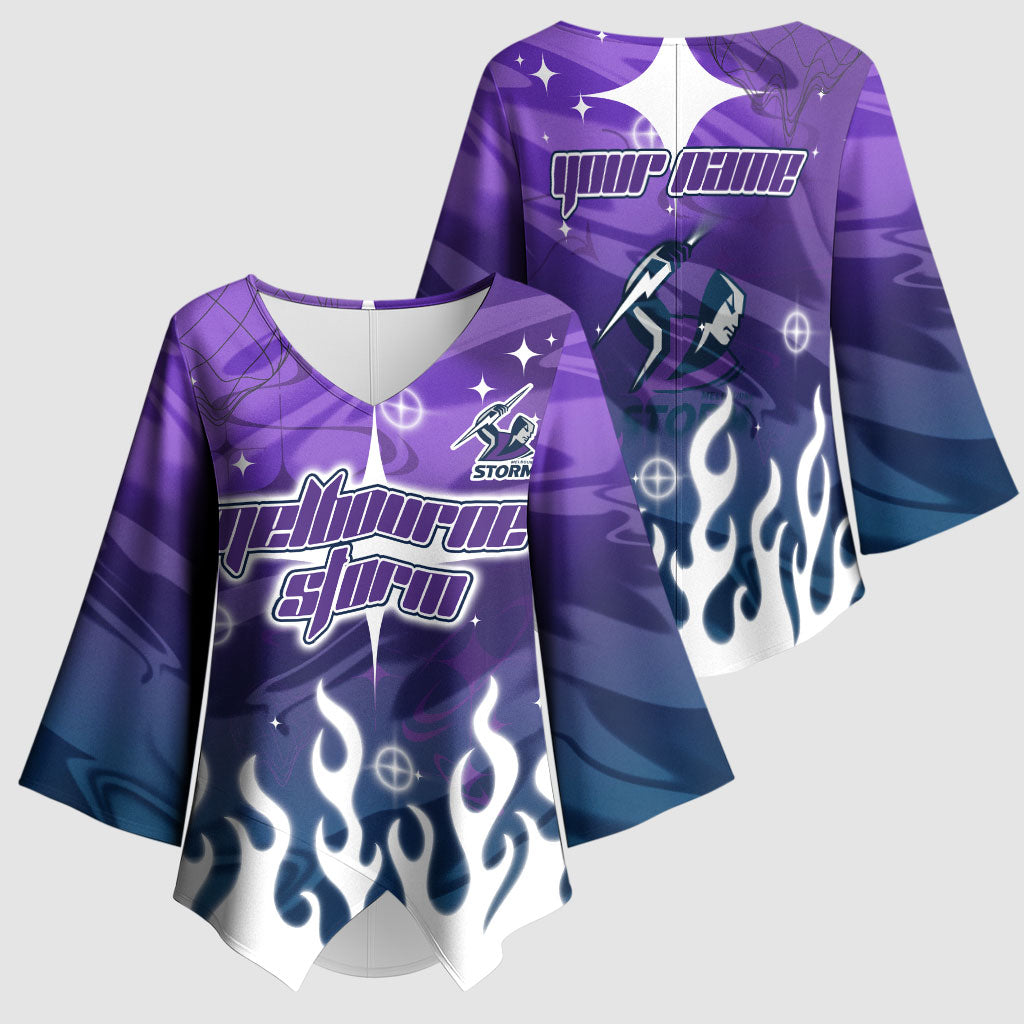 Personalized Melbourne Storm Kimono Sleeve Blouse Y2K Grunge Aesthetic With Cyber Flames and Starburst Graphics