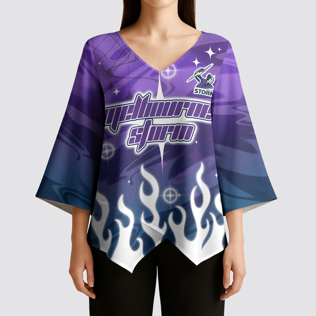 Personalized Melbourne Storm Kimono Sleeve Blouse Y2K Grunge Aesthetic With Cyber Flames and Starburst Graphics