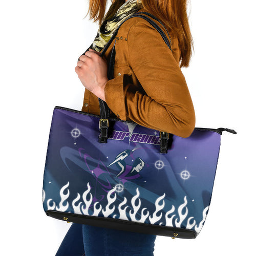 Personalized Melbourne Storm Leather Tote Bag Y2K Grunge Aesthetic With Cyber Flames and Starburst Graphics