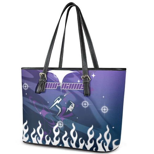Personalized Melbourne Storm Leather Tote Bag Y2K Grunge Aesthetic With Cyber Flames and Starburst Graphics